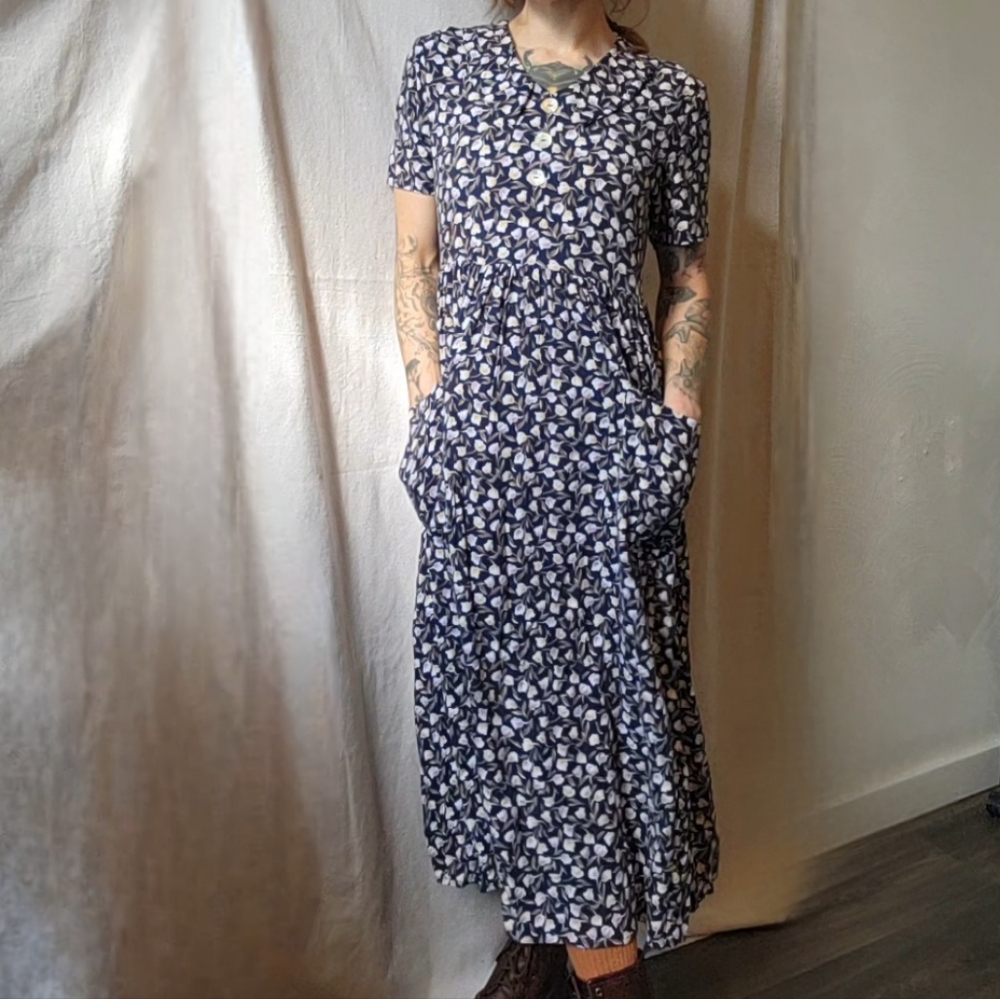 Vintage 90's Floral Button Front Midi Dress Size Small